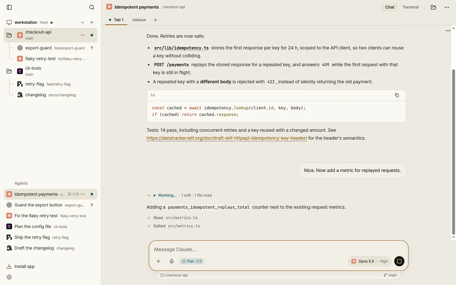 Ovis in a desktop browser: the same Claude Code chat about idempotent payments