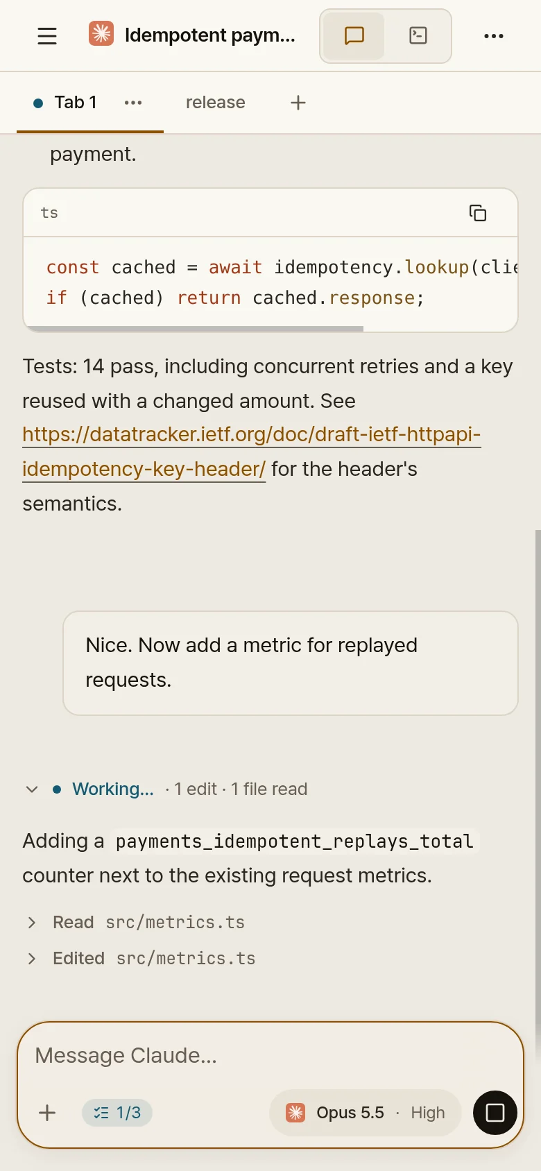 Ovis chat screen showing a conversation with a Claude agent regarding idempotent payment retries