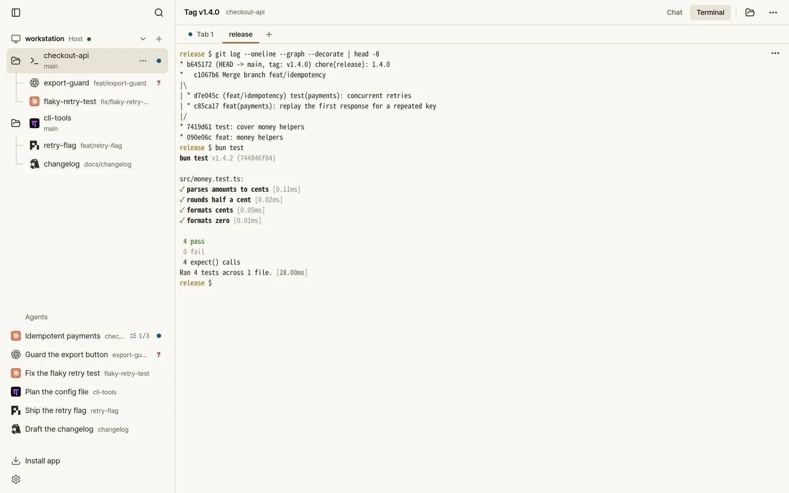 Ovis in a desktop browser: the live terminal of a release pane, tests passing
