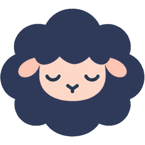 Sleepy navy sheep mascot with a pink face